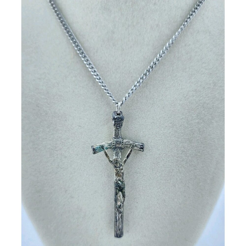 Vtg Cross Crucifix Pendant INRI Silver Tone Necklace Stamped Italy 30" Chain - Picture 1 of 8